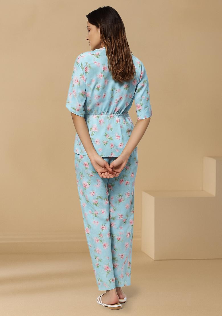 Powder Blue Floral Printed Satin Fusion Set - Indya