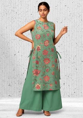 Sage Green Floral Print Chanderi Straight Kurta Set