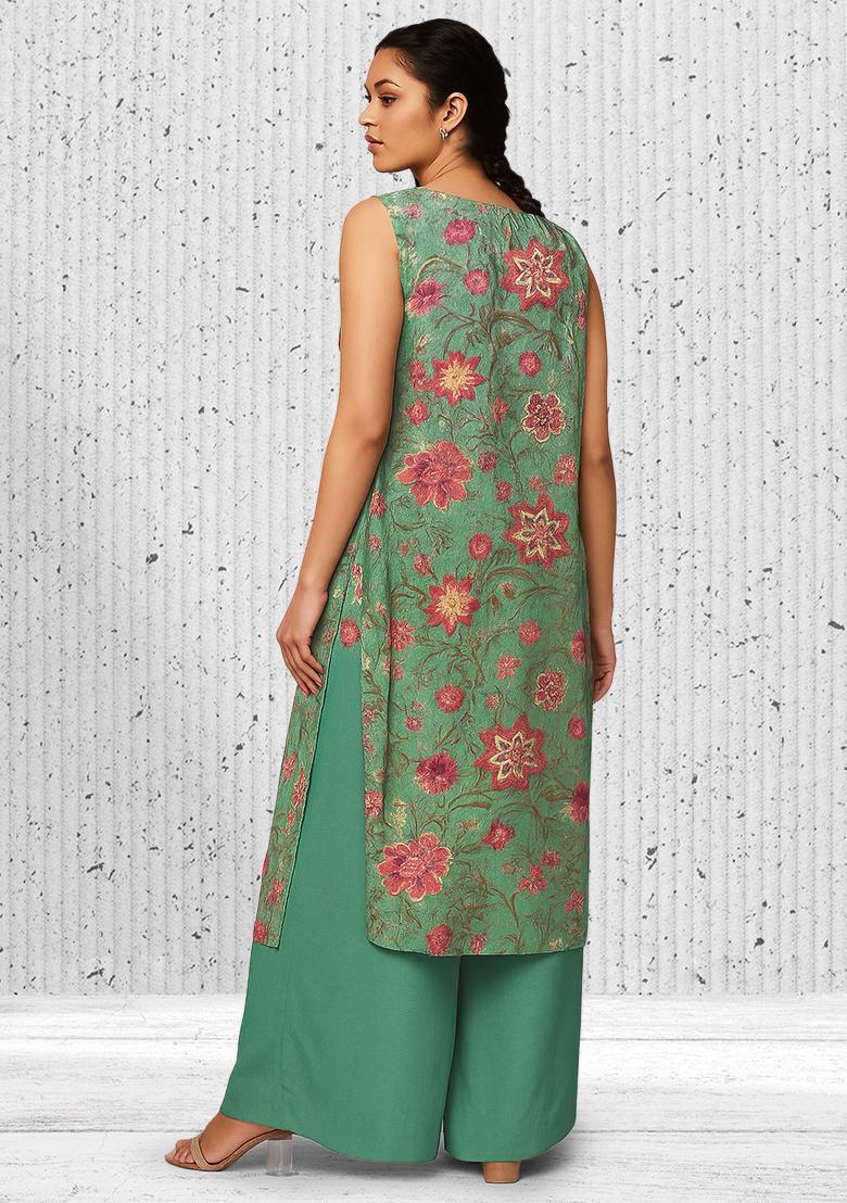 Sage Green Floral Print Chanderi Straight Kurta Set - Indya