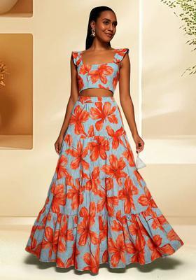 Light Blue Satin Floral Printed Fusion Set
