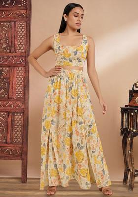 Beige Printed Embroidered Georgette Fusion Set