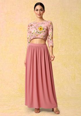 Pink Satin Floral Printed Fusion Set
