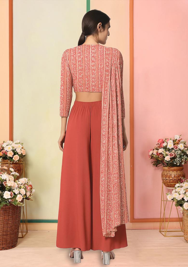 Peach Satin Floral Printed Fusion Set - Indya