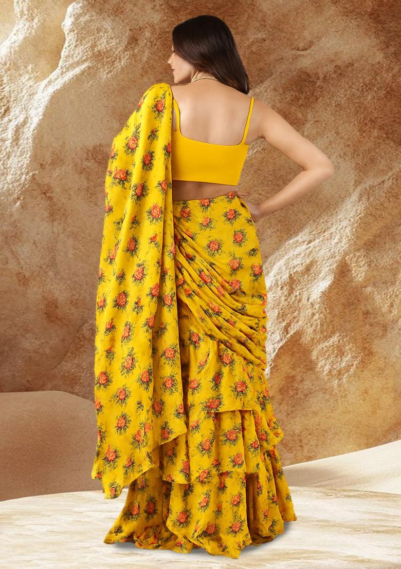Yellow Floral Printed Satin Pre Draped Saree Set - Indya
