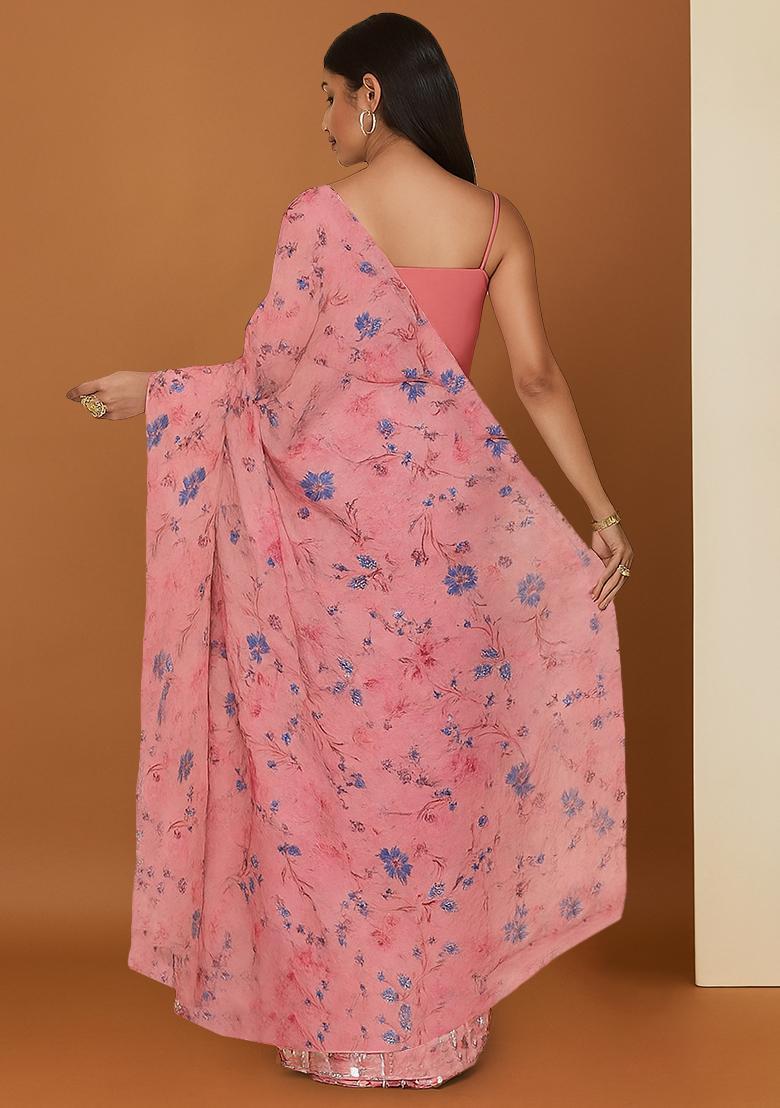 Pink Floral Printed Silk Blend Pre Draped Saree Set - Indya