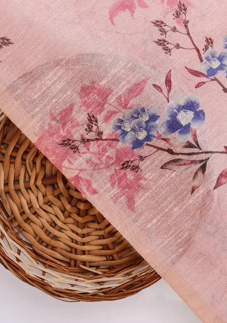 Pink Floral Printed Silk Blend Pre Draped Saree Set - Indya