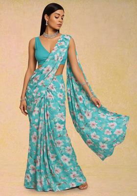 Sky Blue Floral Printed Crepe Pre Draped Saree Set