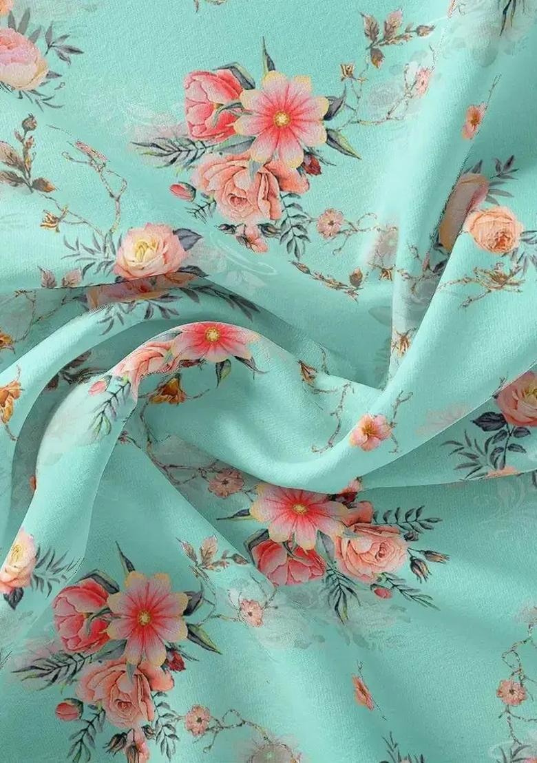 Sky Blue Floral Printed Crepe Pre Draped Saree Set - Indya