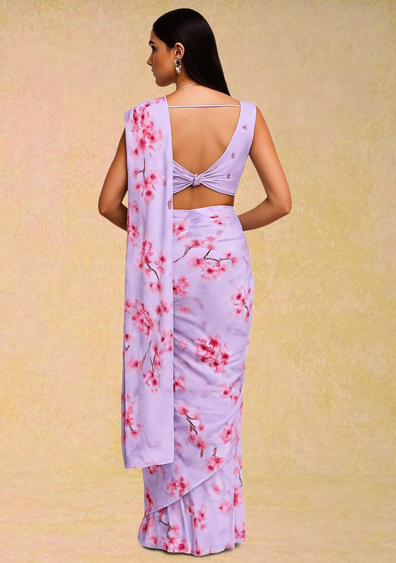 Lilac Floral Printed Crepe Pre Draped Saree Set - Indya