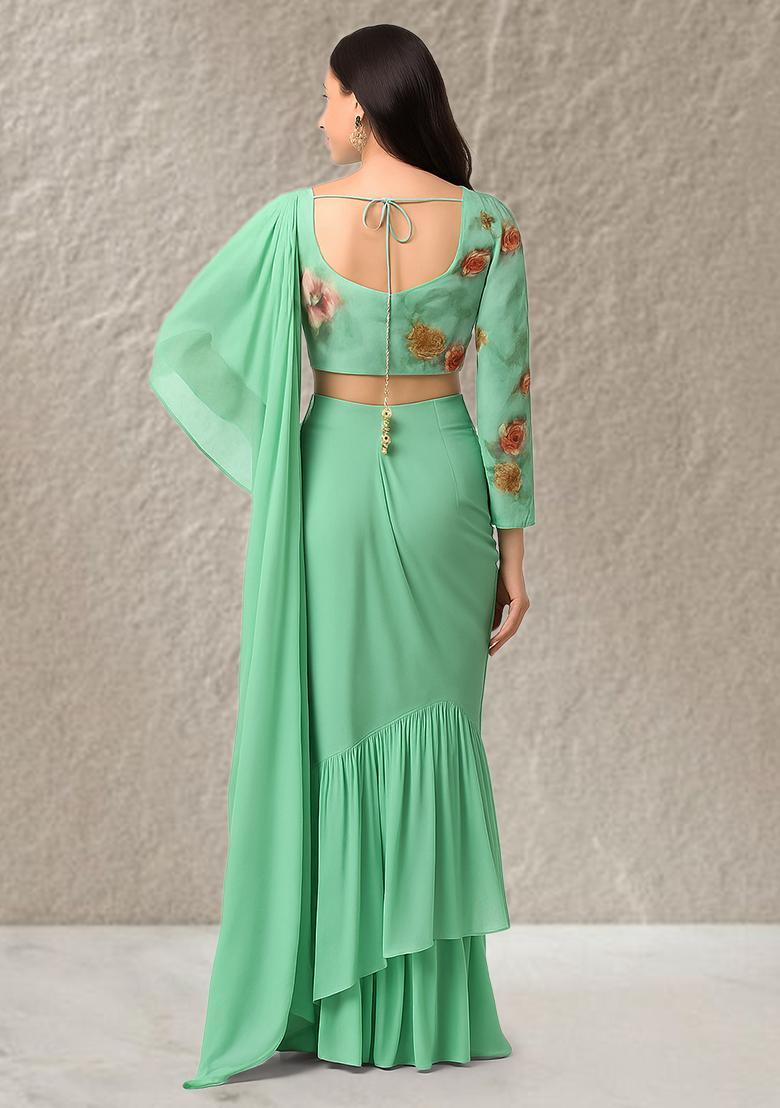 Mint Green Floral Printed Crepe Pre Draped Saree Set - Indya