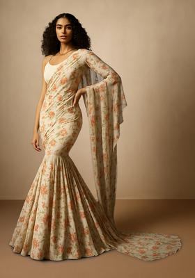 Cream Floral Printed Chiffon Pre Draped Saree Set