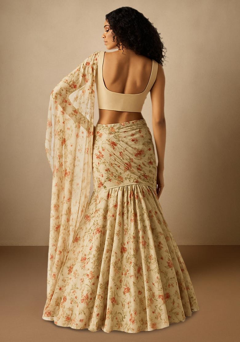 Cream Floral Printed Chiffon Pre Draped Saree Set - Indya