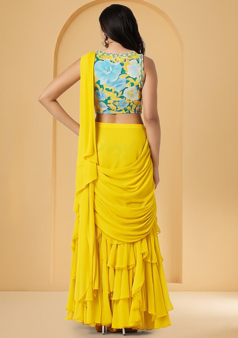 Yellow Floral Printed Satin Pre Draped Saree Set - Indya