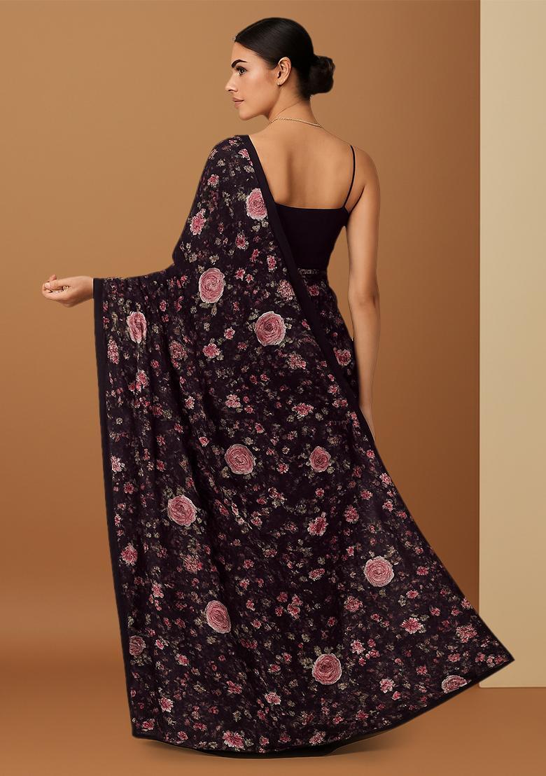 Black Floral Printed Organza Pre Draped Saree Set - Indya