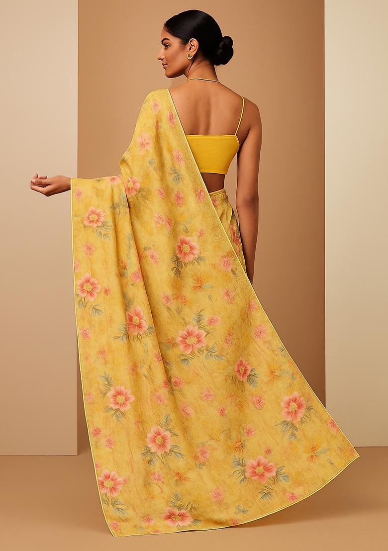 Yellow Floral Printed Chiffon Pre Draped Saree Set - Indya