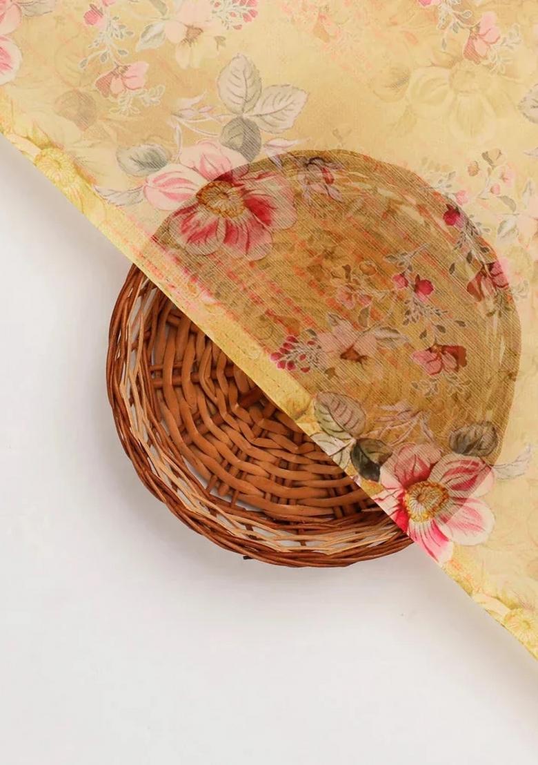 Yellow Floral Printed Chiffon Pre Draped Saree Set - Indya