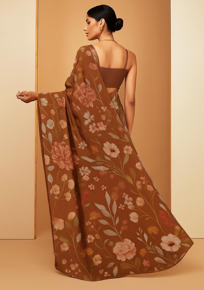 Brown Floral Printed Chiffon Pre Draped Saree Set - Indya