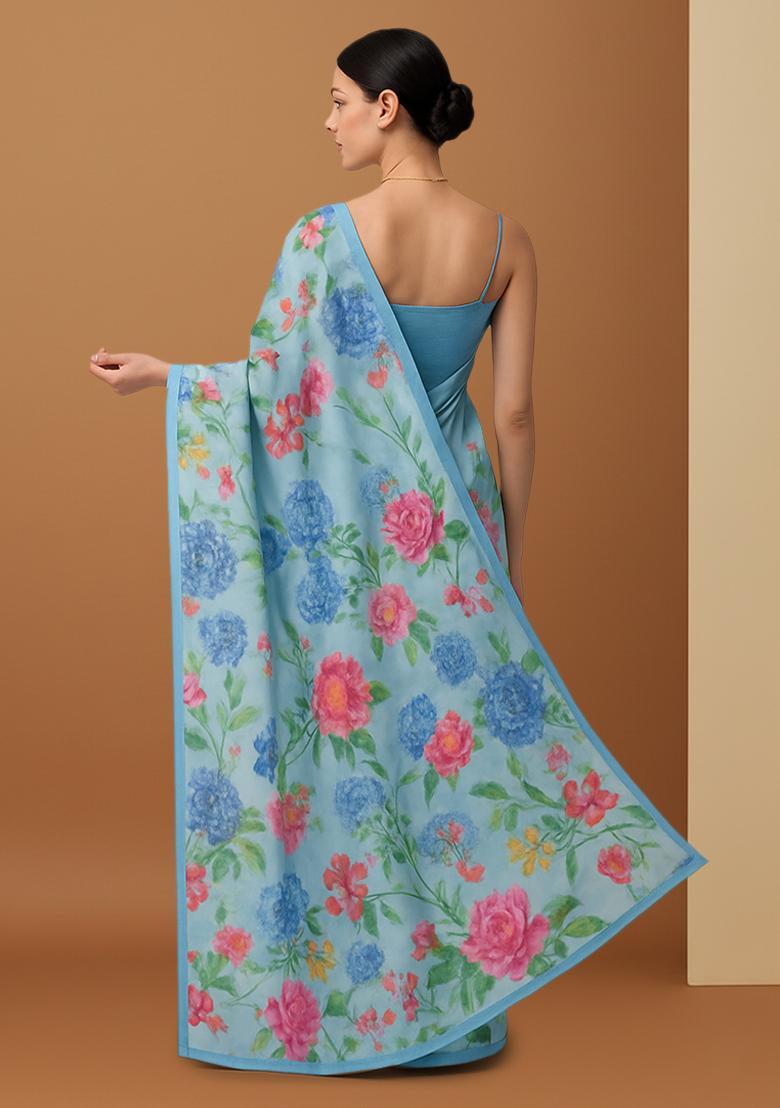 Light Blue Floral Printed Chiffon Pre Draped Saree Set - Indya