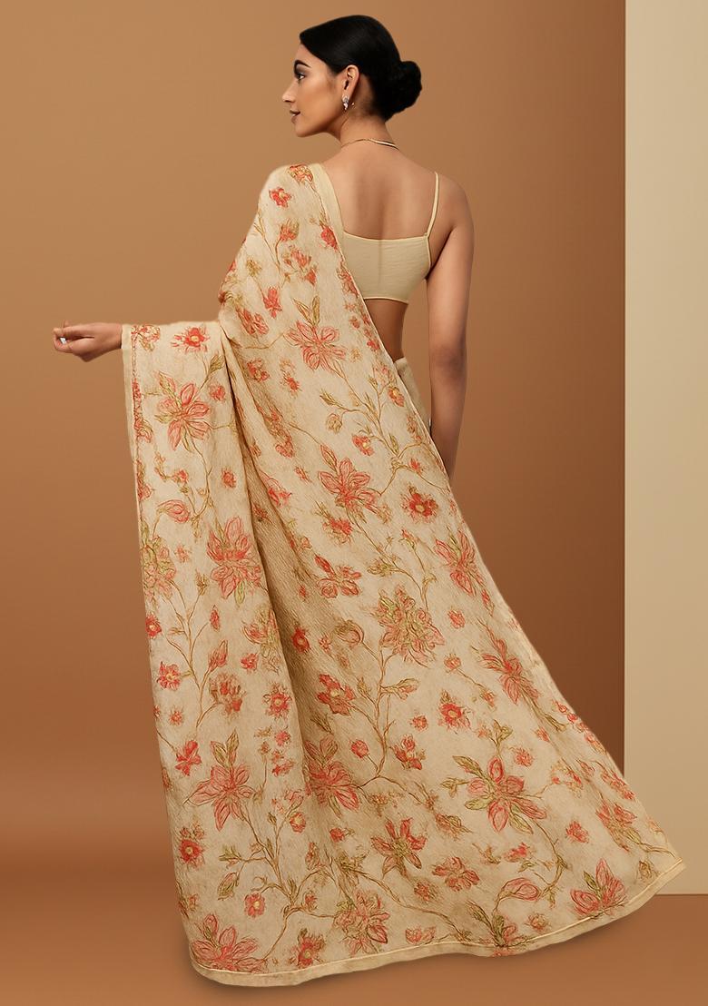 Cream Floral Printed Chiffon Pre Draped Saree Set - Indya