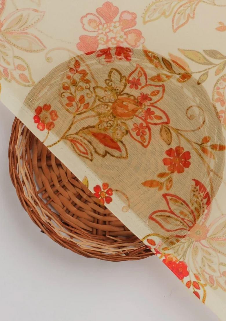 Cream Floral Printed Chiffon Pre Draped Saree Set - Indya