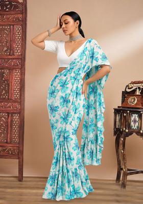 White And Blue Printed Embroidered Georgette Pre Draped Saree Set