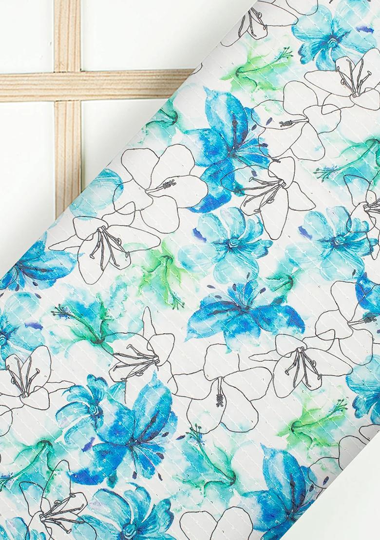 White And Blue Printed Embroidered Georgette Pre Draped Saree Set - Indya