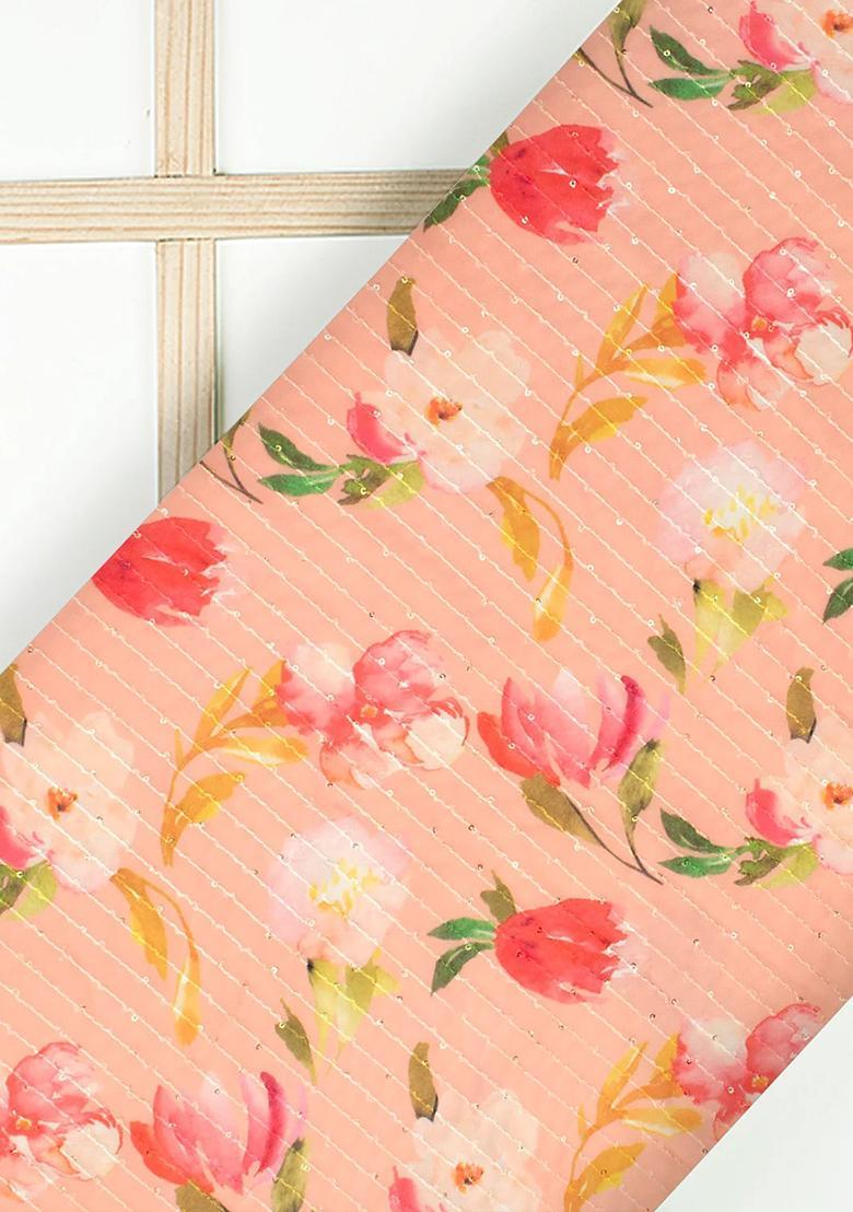 Peach Printed Embroidered Georgette Pre Draped Saree Set - Indya