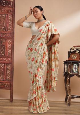 Cream Printed Embroidered Georgette Pre Draped Saree Set