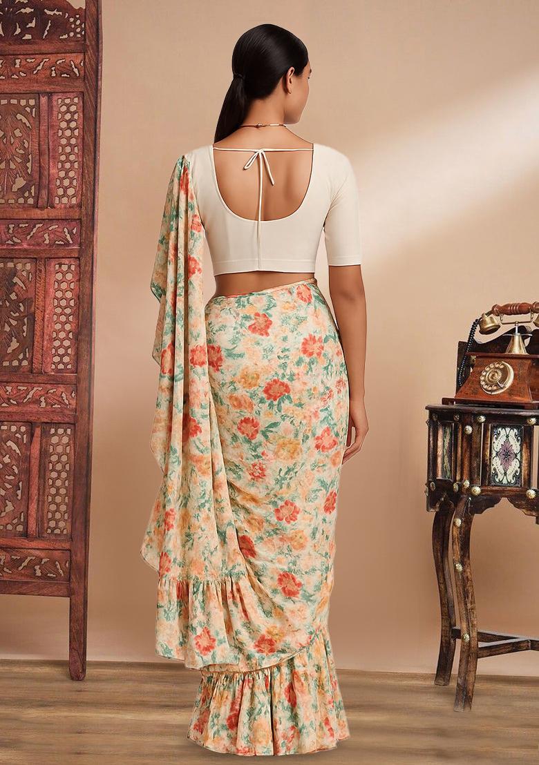 Cream Printed Embroidered Georgette Pre Draped Saree Set - Indya