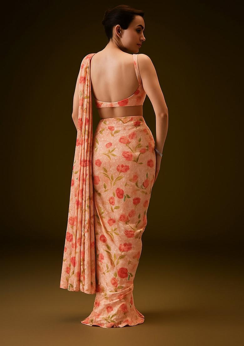 Peach Printed Embroidered Georgette Pre Draped Saree Set - Indya