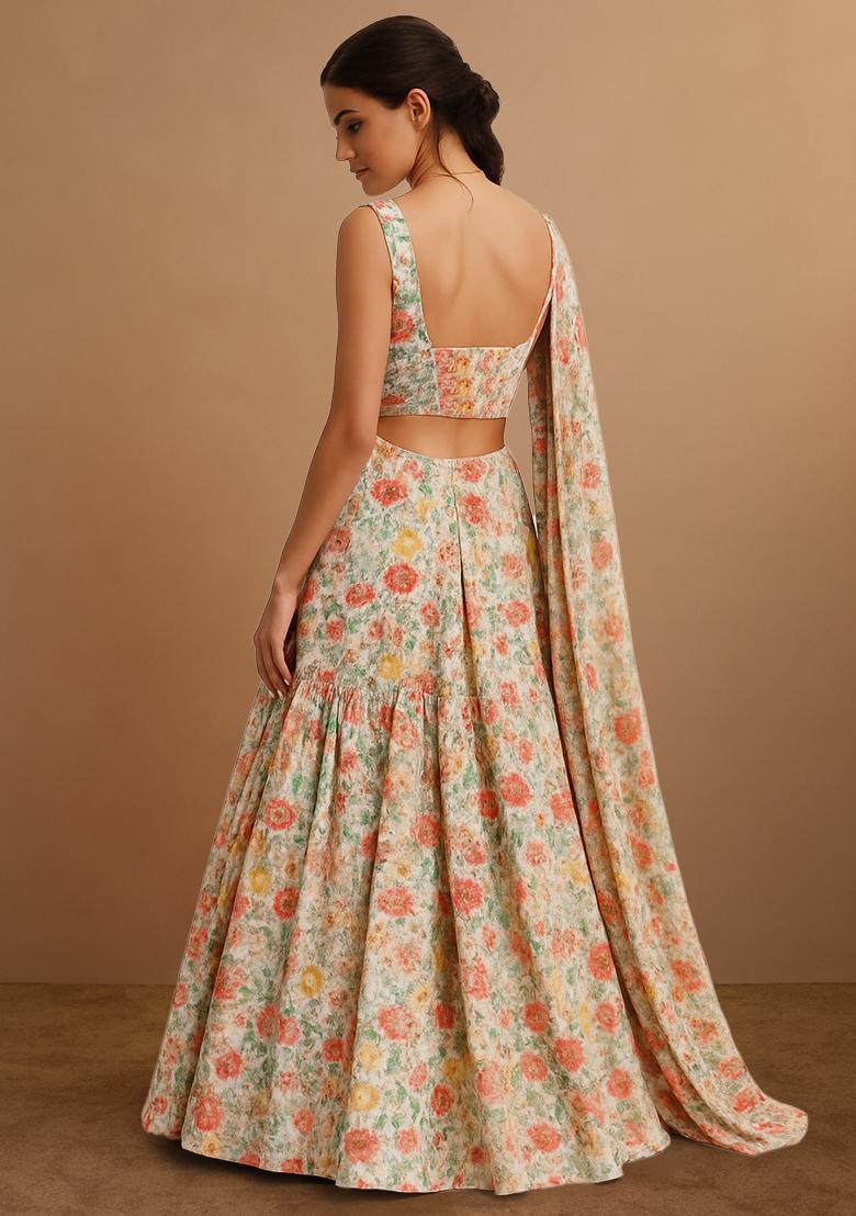 Cream Printed Embroidered Georgette Pre Draped Saree Set - Indya