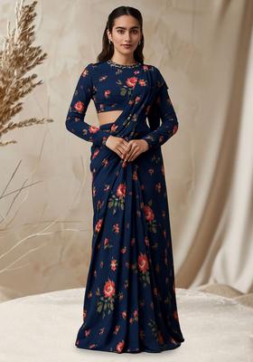 Navy Blue Floral Printed Chanderi Pre Draped Saree Set