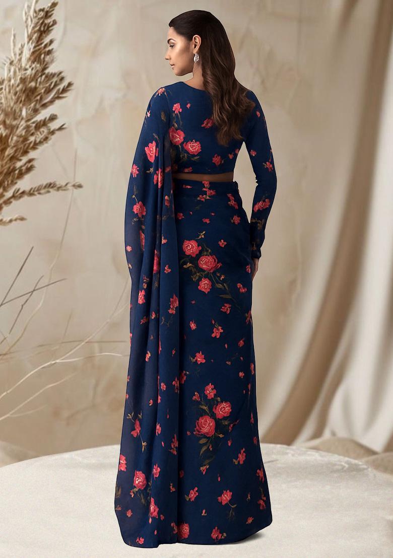 Navy Blue Floral Printed Chanderi Pre Draped Saree Set - Indya