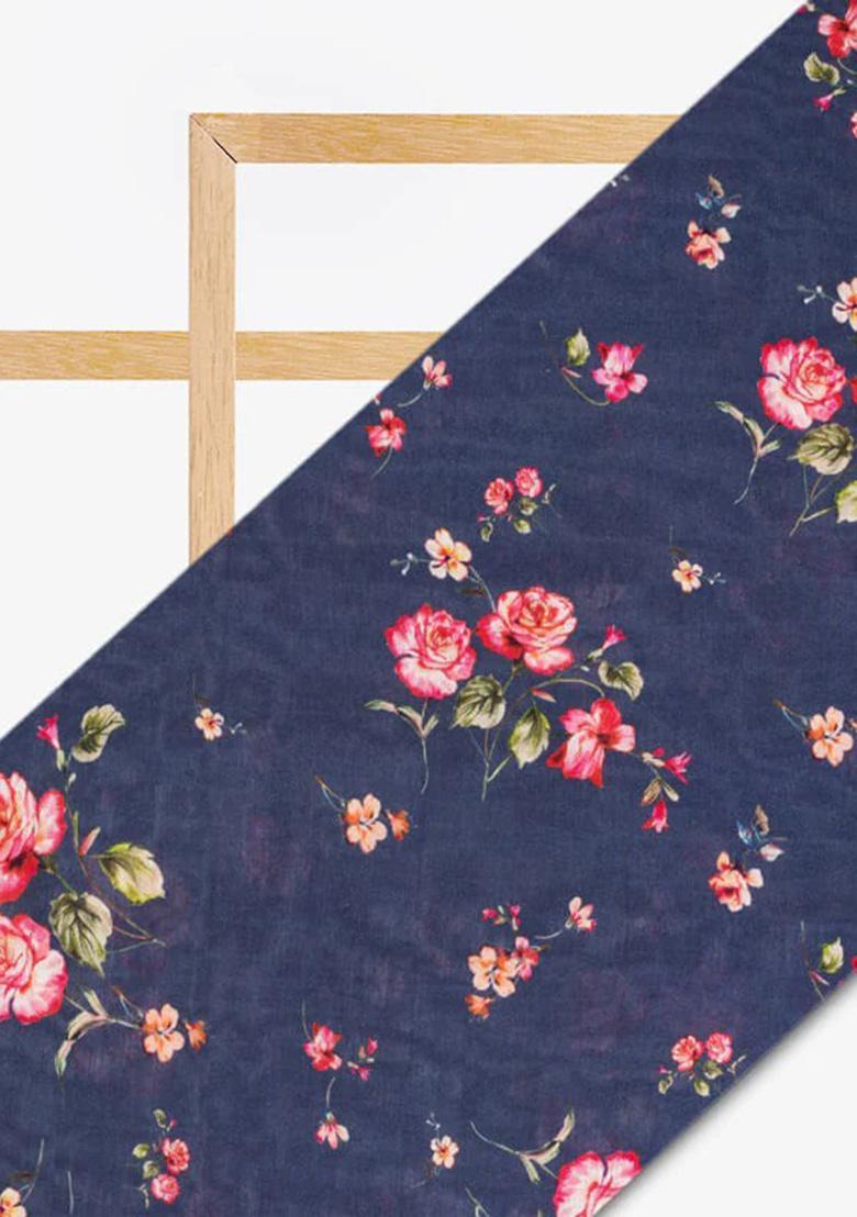 Navy Blue Floral Printed Chanderi Pre Draped Saree Set - Indya