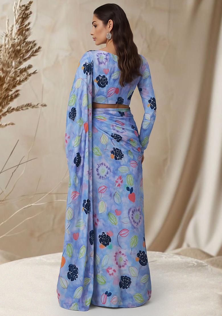 Lavender Leaf Printed Chinon Pre Draped Saree Set - Indya