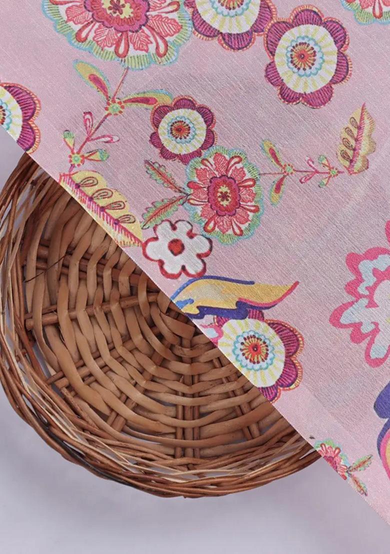 Pink Floral Printed Chinon Pre Draped Saree Set - Indya