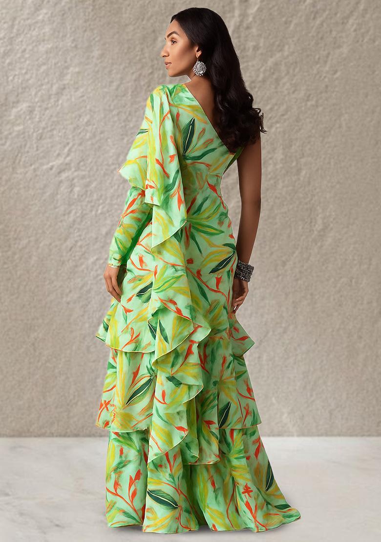 Sea Green Chinon Leaf Printed Pre Draped Saree Set - Indya