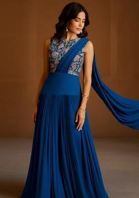 Dark Blue Sequin Embroidered Blouse Georgette Lehenga Set