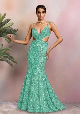 Green Embroidered Net Gown