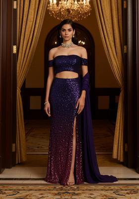 Blue Sequins Embroidery Net Skirt Set