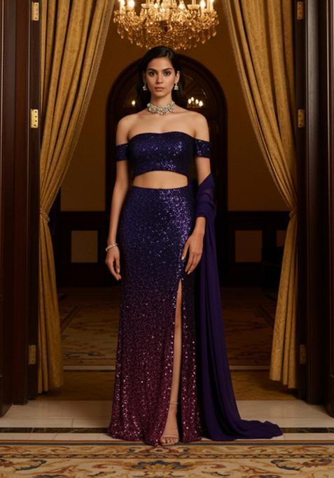 Blue Sequins Embroidery Net Skirt Set