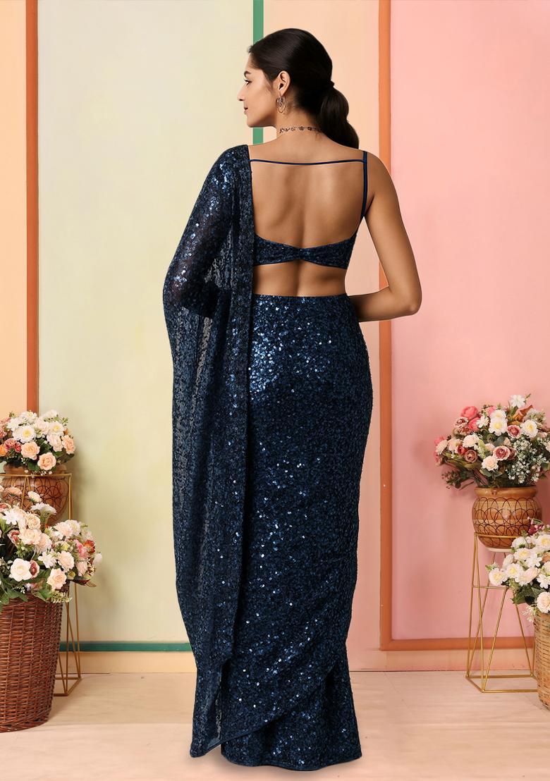 Blue Sequins Embroidery Net Pre Stitched Saree Set - Indya