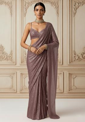 Mauve Sequins Embroidery Net Pre Stitched Saree Set