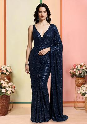 Blue Sequins Embroidery Net Pre Stitched Saree Set