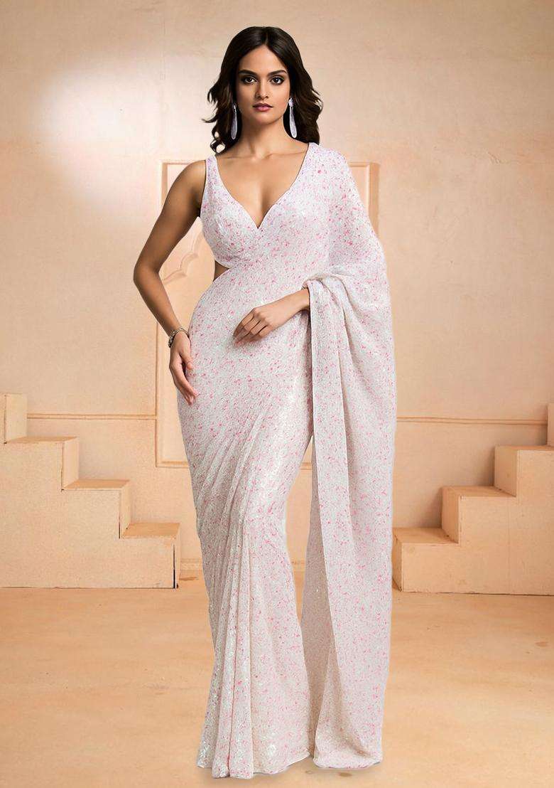 White Sequins Embroidery Net Pre Stitched Saree Set - Indya