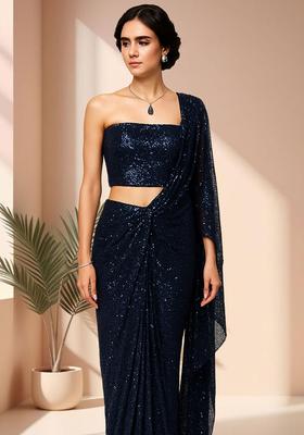 Blue Sequins Embroidery Net Pre Stitched Saree Set