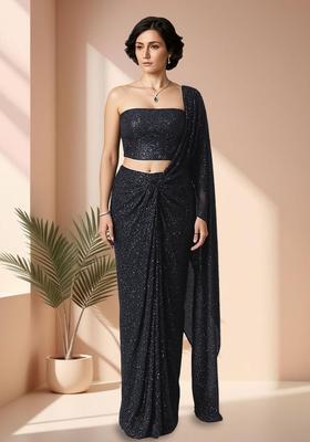 Dark Grey Sequins Embroidery Net Pre Stitched Saree Set