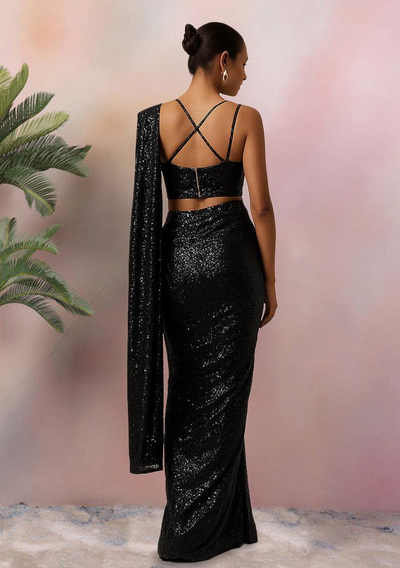 Black Sequins Embroidery Net Pre Stitched Saree Set - Indya