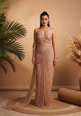Peach Embroidery Net Pre Stitched Saree Set