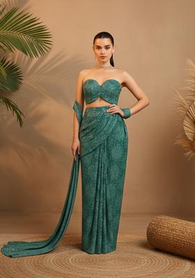 Green Embroidery Net Pre Stitched Saree Set
